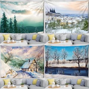 Tapisserier Anpassningsbara juloljemålning Tapestry Forest Snow House vägg hängande söt snögubbe hem