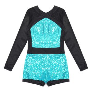 Kids Girls Long Sleeve Sequins Ballet Dance Leotard Gymnastics Leotard Bodysuit Moden Jazz Dance Jumpsuit