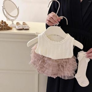 Kläderuppsättningar 2024 Korean Girls Summer Tutu kjol Tvådelar Mesh Cake Cute Vest Shorts 2-stycke Set 90-140cm