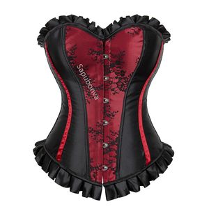 Corsetto blu Top Plus Size Bustier Flower Lace Up Overbust Corselet Burlesque Sexy Lingerie Costume Renissance Donne Red Purple