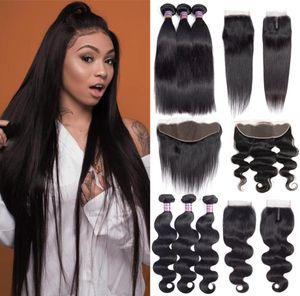 10A Human Virgin Hair Brazilian Remy Straight 28 30 Bundles With Lace Closure Body Deep Water Wave Jerry Kinky Curly Weft And 13X45095135