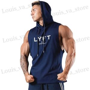 Herr t-shirts sommar hooded tank tops män gym kroppsbyggande sport slanglös hoodie manlig casual bomullsstränger singlet Vest kläder T240411