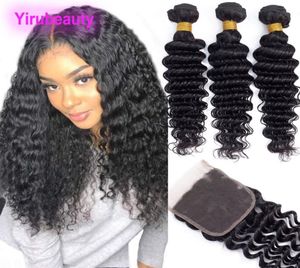 Brazilian Deep Wave 3 Bundles With 4X4 Lace Closure Deep Curly Peruvian Malaysian Indian Virgin Human Hair 828inch 4pieceslot6337245