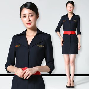 Flygvärdhet Uniform Lady China Trend Eastern Airlines Professional Suit Spring Autumn Airline Stewardess Lapel Collar Dress