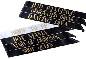 7pcs Lot Bachelorette Sashes Gelin Sash Düğün Gelin Bekarlık Parti Dekorasyonları Malzemeleri Malzemeler Kısa Kraliçe Mama335v1515591