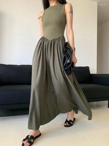 Vestidos casuais estilo mulheres roupas o pescoço sem mangas vestidos pretos moda de retalhos