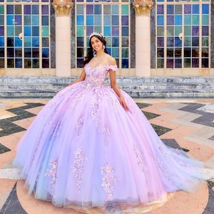 Shiny Lilac Quinceanera Dress Off The Shoulder Ball Gown Lace Appliques Beading Crystal Tull Corset Sweet 16 Vestidos De 15 Anos