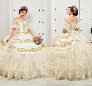 Ruffled Floral Charro Quinceanera Dresses 2021 Off Shoulder Puffy Skirt Gold Embroidery Beads Princess Sweety 16 Girls Masquerade 1995392