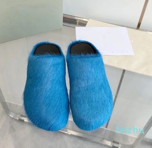 Designer skor fussbett sabot sandaler lyx män kvinnor hästhår tofflor vinter raffia strand loafers lång kalv hår läder shearling jacquard mules glider