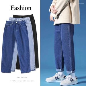 Calça masculina jeans primavera e verão solta versão coreana da tendência meninos casuais de pernas largas caíram por muito tempo