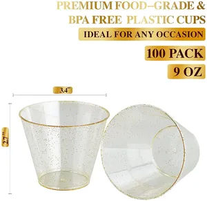 Cups Saucers 100pcs Transparent Plastic Gold Powder Wine Cup Cake Dessert Mousse Party Wedding Special Disposable Water Fancy Glass