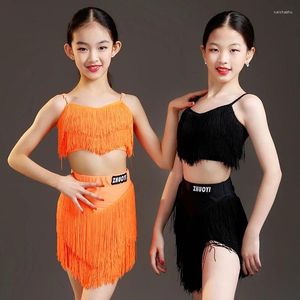 Stage Wear Kids Latin Dance Costume Orange Black Tops Tops Sump Abito da gonna CHA SAMBA Rumba Allenamento vestito Fringe Dress DNV19412