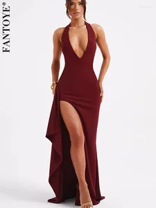 Lässige Kleider Fantoye Sexy Deep V-Ausschnitt Frauen Maxi Kleid Schwarz Rückenless High Slit Evening Femme Spring Skinny Elegant Party Clubwear 2024