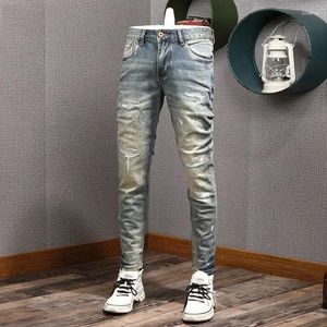 Мужские джинсы High Street Fashion Men Men Retro вымытый синий растяжение Slim Fit Ruped Designer Designer Hip Hop Denim Pants Hombre