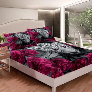 3D Cheetah Coloque lençóis rosa Rose Leopard Sheet para mulheres Flores românticas Conjuntos de cama African Safari Animais Twin