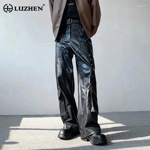 Pantaloni da uomo Luzhen Pantaloni in pelle a molla Rivet Design originale PU dritto 2024 gamba larga strada di alta qualità LZ2362
