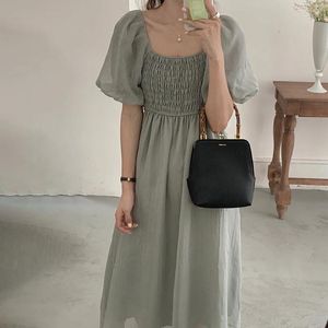 Party Dresses Women's Summer Vintage Square Collar Long Slim Dress Stretch Bust Puff Sleeve Flare Hem Sundress French Style Sarafan