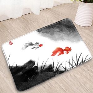 Bath Mats Chinese Style Mat Ink Painting Landscape Koi Goldfish Rug Toilet Cover Home Decor Non-slip Carpet Washed Flannel Door