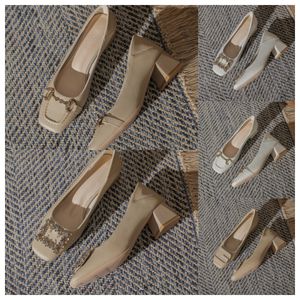 2024 Luxury Designer High square toe white women fashionable middle heels soft soles thick heels and single shoes