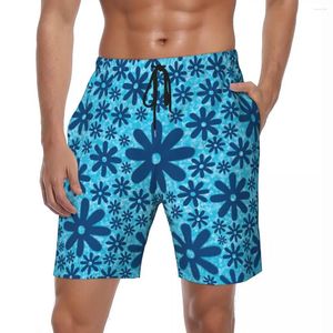 Men's Shorts Blue Daisy Print Gym Summer Retro Flowers Running Surf Beach Short Pants Men Comfortable Casual Plus Size Swimming Trunks