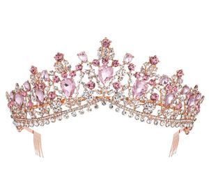 Baroque Rose Gold Pink Crystal Bridal Tiara Crown With Comb Pageant Prom Rhinestone Veil Tiara Headband Wedding Hair Accessories Y9513817