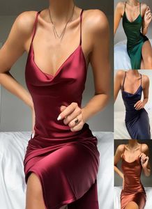 Sommer ärmellose Spaghetti -Riemen schwarzes Seiden langes Kleid sexy Rückenless Elegant Satin Bodycon Party Kleid Frau Split Midi Kleider8972029