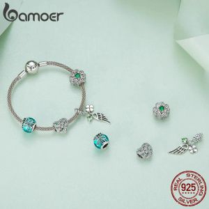 Bamoer 925 Sterling Silver Four-Leaf Clover Pendant Charms Heart Shape Lucky Bead for Women Armband och Bangle DIY Fine SMYCKE