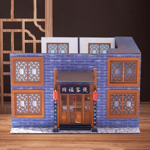 Ny trä docka hus miniatyr med möbler kit tong fu inn modell dollhus diy montering leksaker barn jul gåva casa