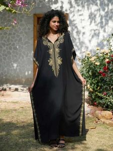 Basic Casual Dresses Black Womens Loose Kaftan Dress 2024 Summer Gold Embroidered Robe Swimsuit Cover-up Bohemian Home Wear Moo Dresses Q1656 L49