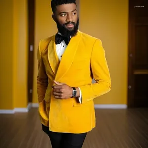 Men's Suits Formal Men Slim Fit Groom Tuxedo For Wedding 2 Pcs Yellow Velvet Smoking Jacket Groomsmen Suit (Blazer Pants) 2024