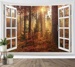 Tapestry Tapelestries Löv Fall Wall Forest hängande Autumn Thanksgiving Maple Tree Sunset Nature Decor Leaf Home Decorations Wall Tapestry R0411