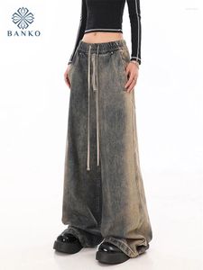 Women's Jeans 2024 Denim Trousers Wide Leg Pants High Street Fashion Classical Drawstring Full Length Casual Korean American Retro