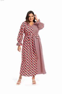 Basic Casual Dresses Plus-size womens spring summer fashionable simple and artistic double-printed waist V-neck long-sleeved ankle-length dress L49