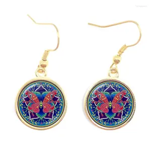 Dangle Küpe Mandala Çiçek Kelebek Om Sembol Budizm Zen Resim Cam Cabochon Damla Küpe Vintage Altın Renk Takı Kadınları