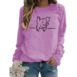 Casual Loose Sweatshirt Women's White Cute Pig Print Hoodie Spring Autumn O Neck Long Sleeve Animal Kvinnliga toppar