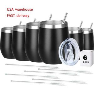 Mugs USA Warehouse6 Pack 12oz Wine Coffee Tumbler With Lock och Metal Straw Cup Vakuumisolerad dubbel väggmugg för gåva 240410