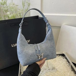 Drawstring Brand Designer Denim Women's Shoulder Bag Casual Chain Metal Butterfly Crossbody Hobos Handbag