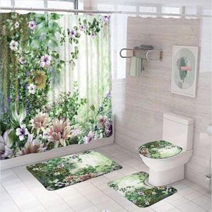 Shower Curtains Watercolor Flower Green Jungle Curtain Set Petal Vintage Plant Leaves Bathroom Decor Screen Rug Toilet Lid Cover Bath Mat