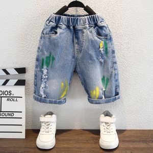 Hip Hop Baby Boys Clothes Summer Jeans Blue Kids Denim Ripped Colored Paint Short Knee Length Pants Kid Children's Shorts