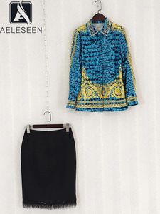 Arbetsklänningar aeleseen designer mode twon piece set vår höst blå leopard tryck pärlor diamanter blus svart tofs mini kjol