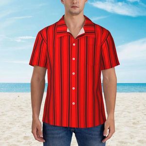 Мужские повседневные рубашки полосатые для печати рубашка черно -красные гавайские мужчины свободные блузки короткие рукава корейская модная графическая топ