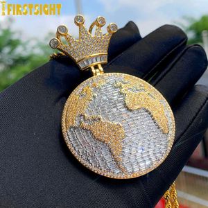 Bling Out King of the World Wisiant Naszyjnik Cubic Zirkonia Crown Globle Charm Men Modna biżuteria Hip Hop 240409