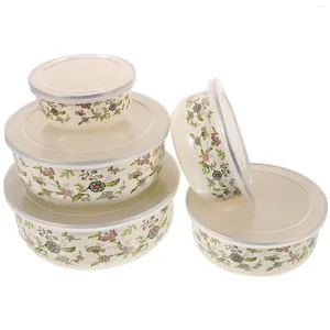 Dinnerware Sets 5 Pcs Enamel Bowl Large With Lid Serving Fruit Ice Bowls Salad For Lunch Lids Nesting Mixing