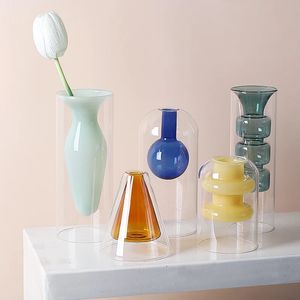 Dekorativ dubbelvägg Borosilikatblomma Vase Ins Cylinder Hydroponic Clear Murano Glass Vase 240329