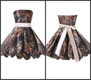 2022 Cocktail Dresses Short Camo Party Gown A Big Bow Sashed Strapless Zipper Back Prom Dresses Sample Design Camo Evening Party D9896457