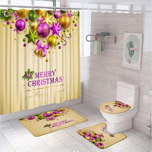 Shower Curtains 4Pcs Christmas Curtain Set Non-Slip Rug Toilet Lid Cover Bath Mat Xmas Ball Gold Stars Winter Festival Bathroom Accessory