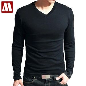Vårens högelastiska bomullst-shirts Male V Neck Tight T-shirt Mens långärmad fitness Tshirt Asia Size S-5XL 240327
