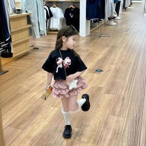 Clothing Sets 2pcs Girl's Set Bow Printed Loose Short Sleeved T-shirt Cute Cake Skirt Pants Fluffy Suit