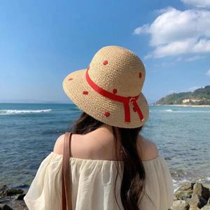 Wide Brim Hats 2024 Fashion Women's Brimmed Sun Hat Red And Black Dotted Straw Summer Panama Leisure Outdoor