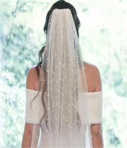 Bridal Welle Long Wedding Veil z perłami One Warstwowa Cathedral Bride Coman z koralikami dla białej akcesoria Ivory1422778